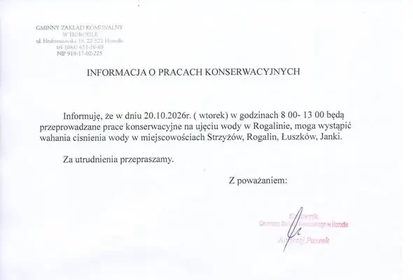 Prace konserwacyjne na ujęciu wody w Rogalinie – możliwe wahania ciśnienia