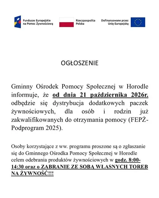 Horodło: dodatkowe paczki żywnościowe dla zakwalifikowanych od 21 października